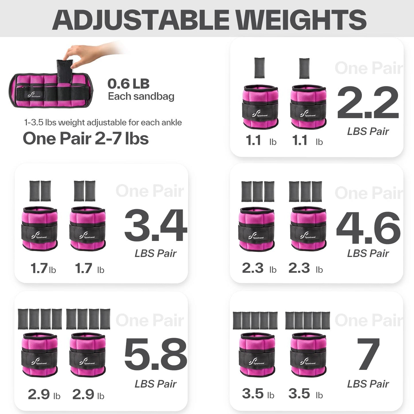 Adjustable Ankle Weights - 7 lbs/Pair for Strength Training, Yoga, Walking, Running, Aerobics, and Physical Therapy with Secure Straps for Men and Women