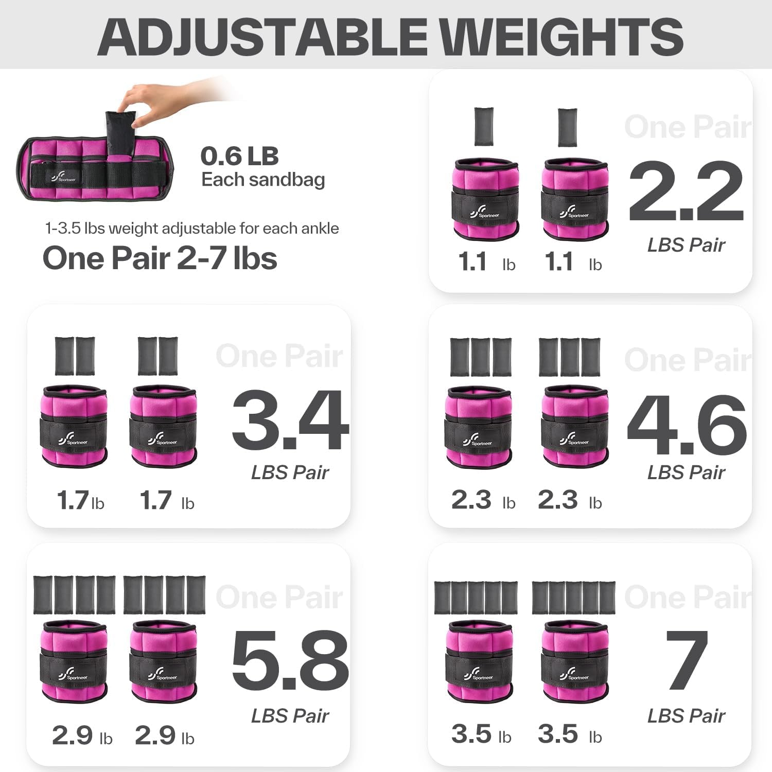 Adjustable Ankle Weights - 7 lbs/Pair for Strength Training, Yoga, Walking, Running, Aerobics, and Physical Therapy with Secure Straps for Men and Women